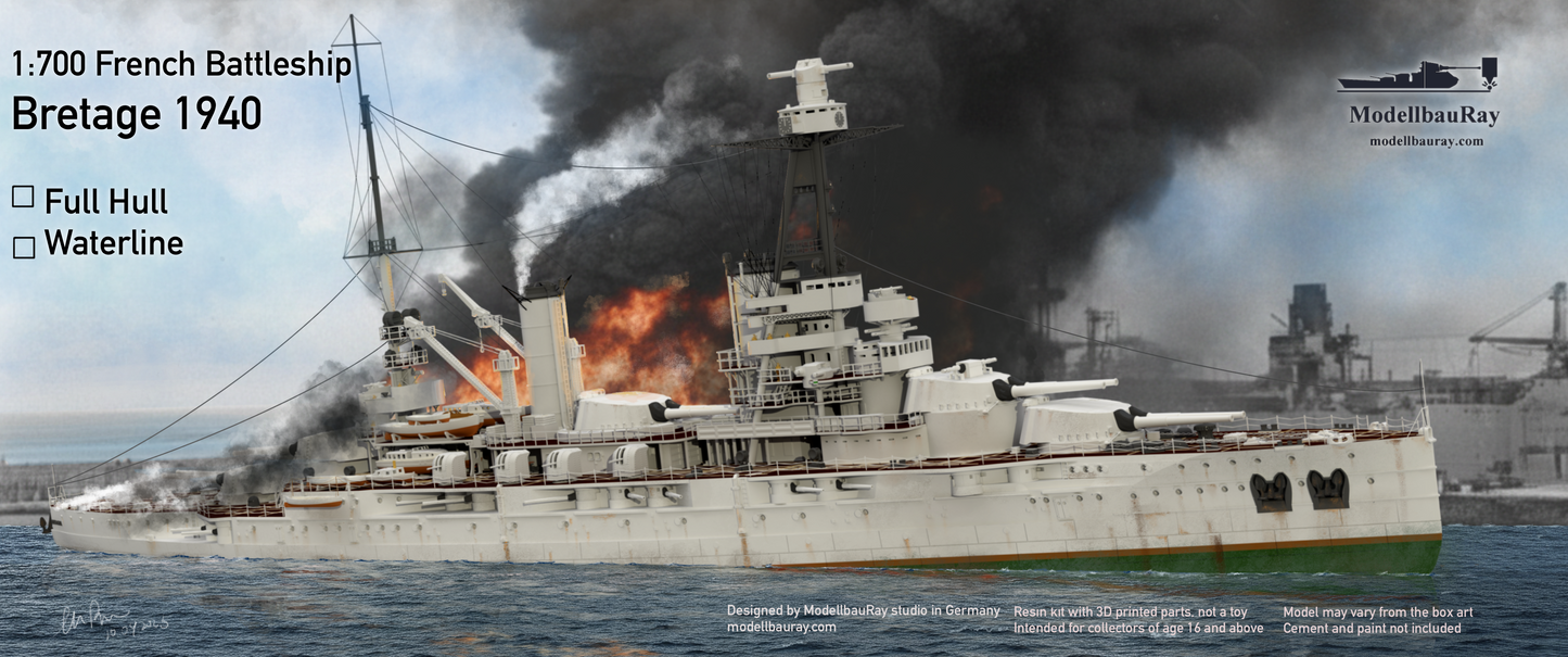 1:700 French Battleship Bretagne, Full Hull, WaterLine, Bretagne class battleship, French Battleship, 3d printed, resin model