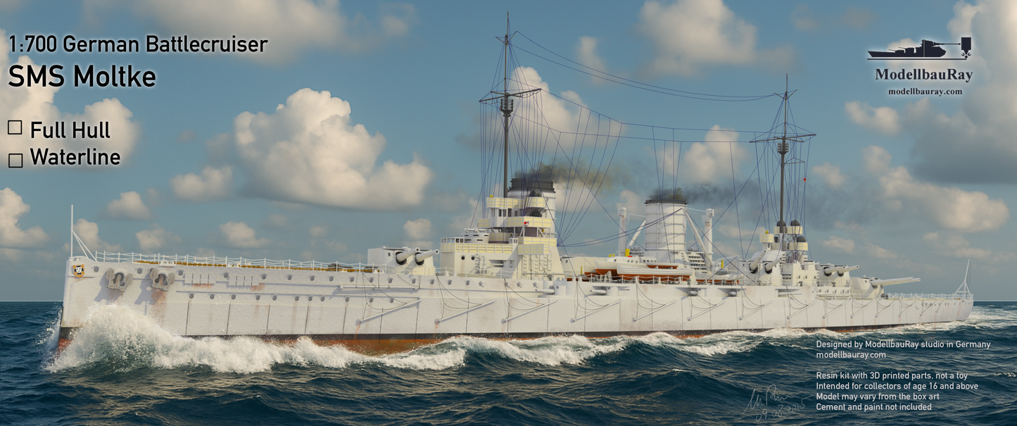 1:700 German Battlecruiser SMS Moltke, SMS Goeben (Yavuz Sultan Selim), 3d printed, resin model, waterline, full hull model