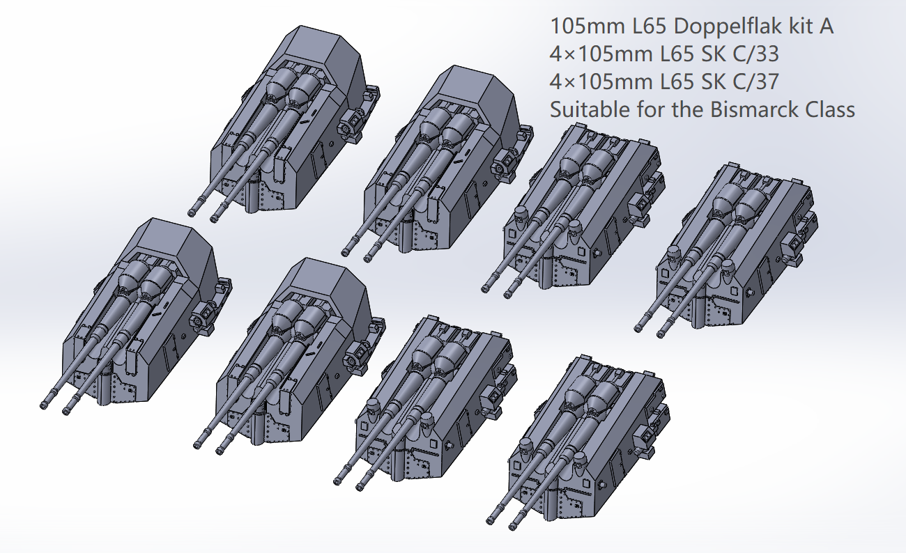 Kriegsmarine heavy AA guns, 105mm AA guns, 127mm, 128mm AA guns, 105mm L65 SK C38, 127mm L55 Flak, 3D printed kits