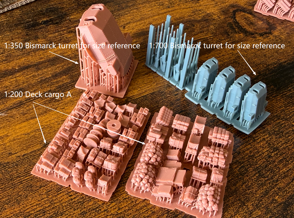 1:700 1:350 1:200 harbour cargo, cases, boxes, ammo box, ship building material, container, oil drum, wood piles, chest