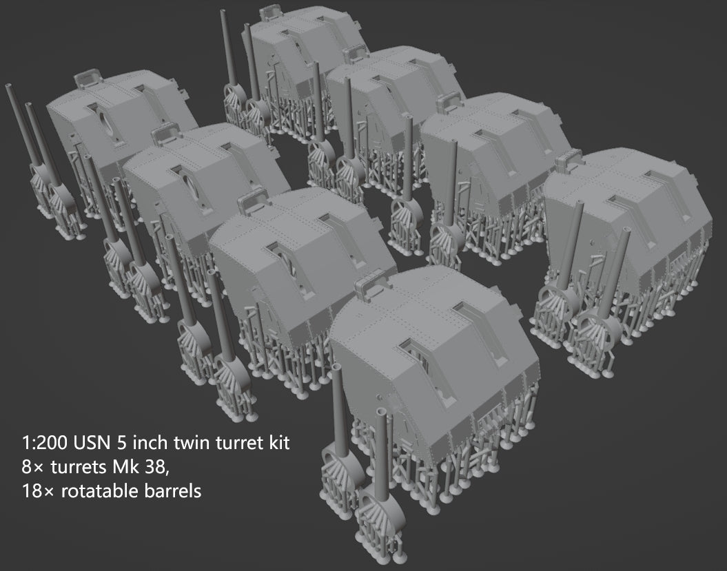 1:700, 1:350, 1:200 US navy 5 inch AA guns, twin turret, single turret, 3D printed, Mk38, Mk 30, with blast bags, 5 inch L38 guns