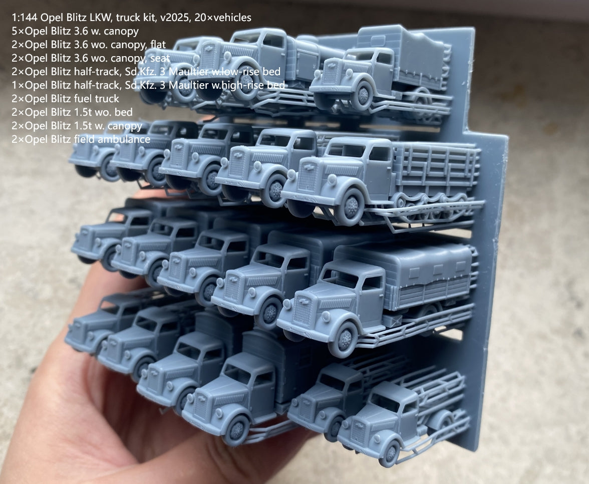 1:700, 1:350, 1:144 German truck, personnel carrier, bus, classic cars, Opel Blitz, Omnibus, Kübelwagen, LO 2000, AHN, Mercedes-Benz W31, Henschel 33 D1, Opel Olympia, L3H163, Horch 850