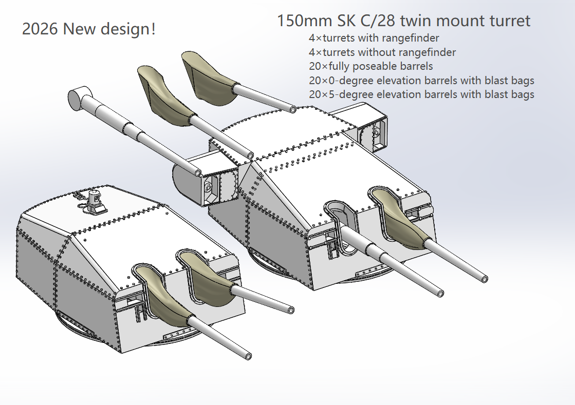 German Navy secondary guns, medium caliber guns, 150mm SKC28, 150mm SKC25, twin, triple and single mount turrets, 3D printed kits