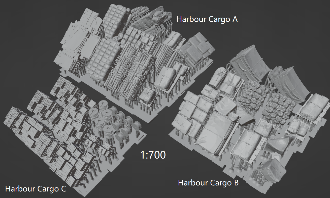 1:700 1:350 1:200 harbour cargo, cases, boxes, ammo box, ship building material, container, oil drum, wood piles, chest