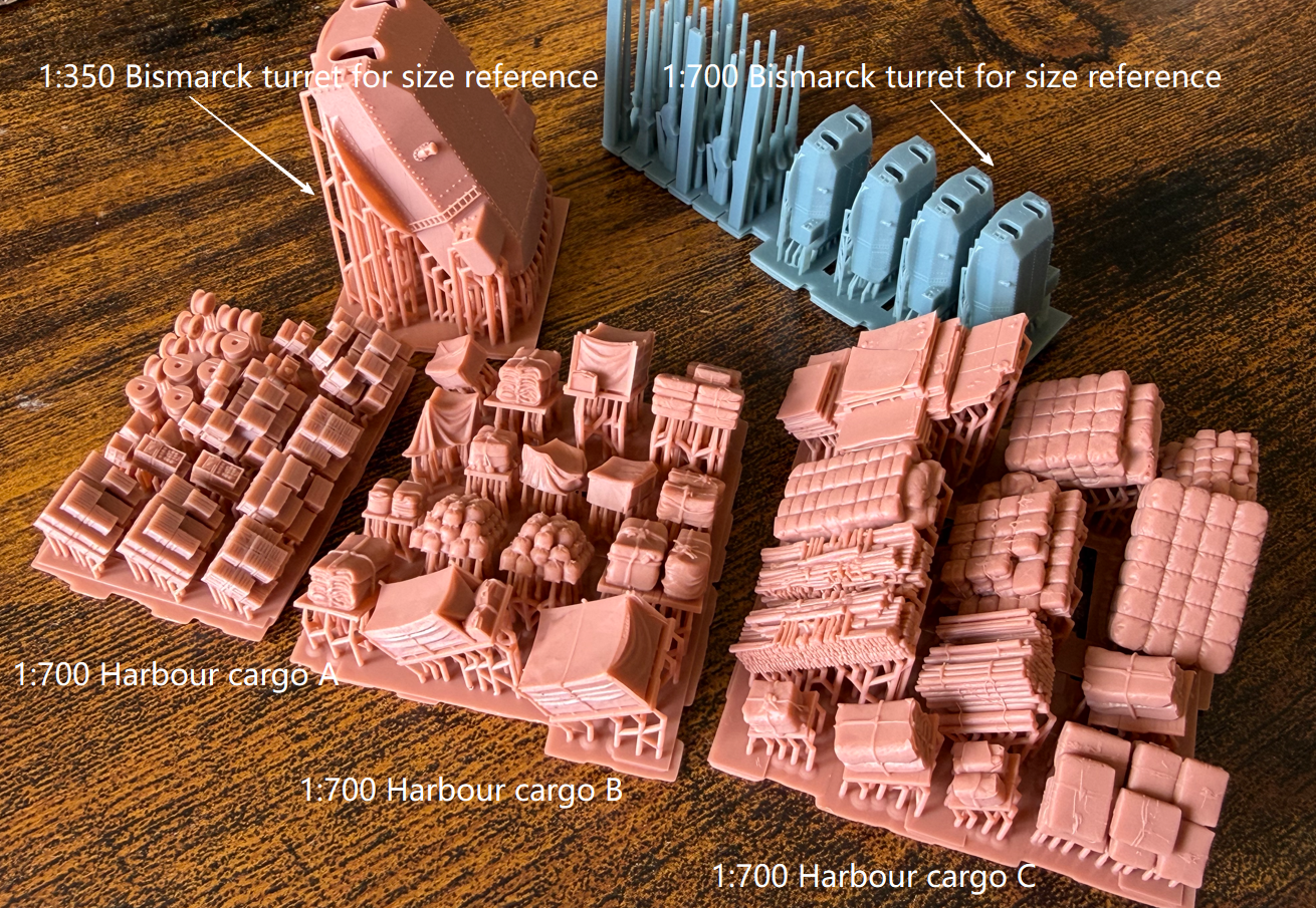 1:700 1:350 1:200 harbour cargo, cases, boxes, ammo box, ship building material, container, oil drum, wood piles, chest