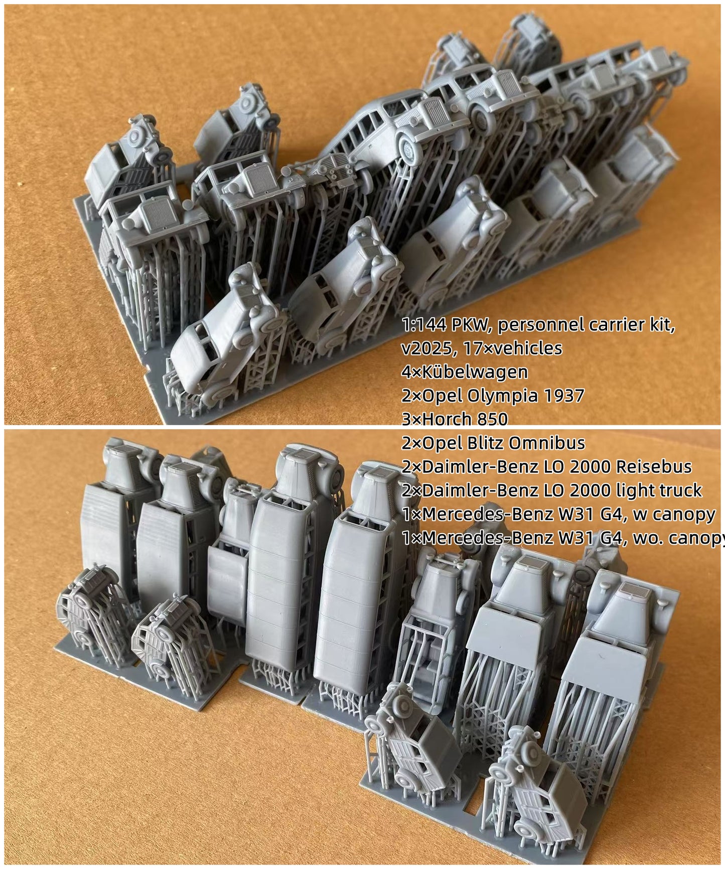 1:700, 1:350, 1:144 German truck, personnel carrier, bus, classic cars, Opel Blitz, Omnibus, Kübelwagen, LO 2000, AHN, Mercedes-Benz W31, Henschel 33 D1, Opel Olympia, L3H163, Horch 850