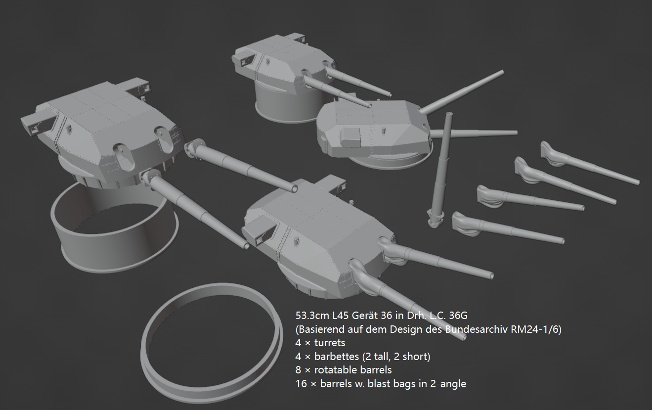 1:700 German Main Gun Turret, 3D printed, battleship, Bismarck, Tirpitz, WWII, WWI, Bayern, Nassau, Scharnhorst, C34 naval gun, 38 cm gun, 28 cm gun