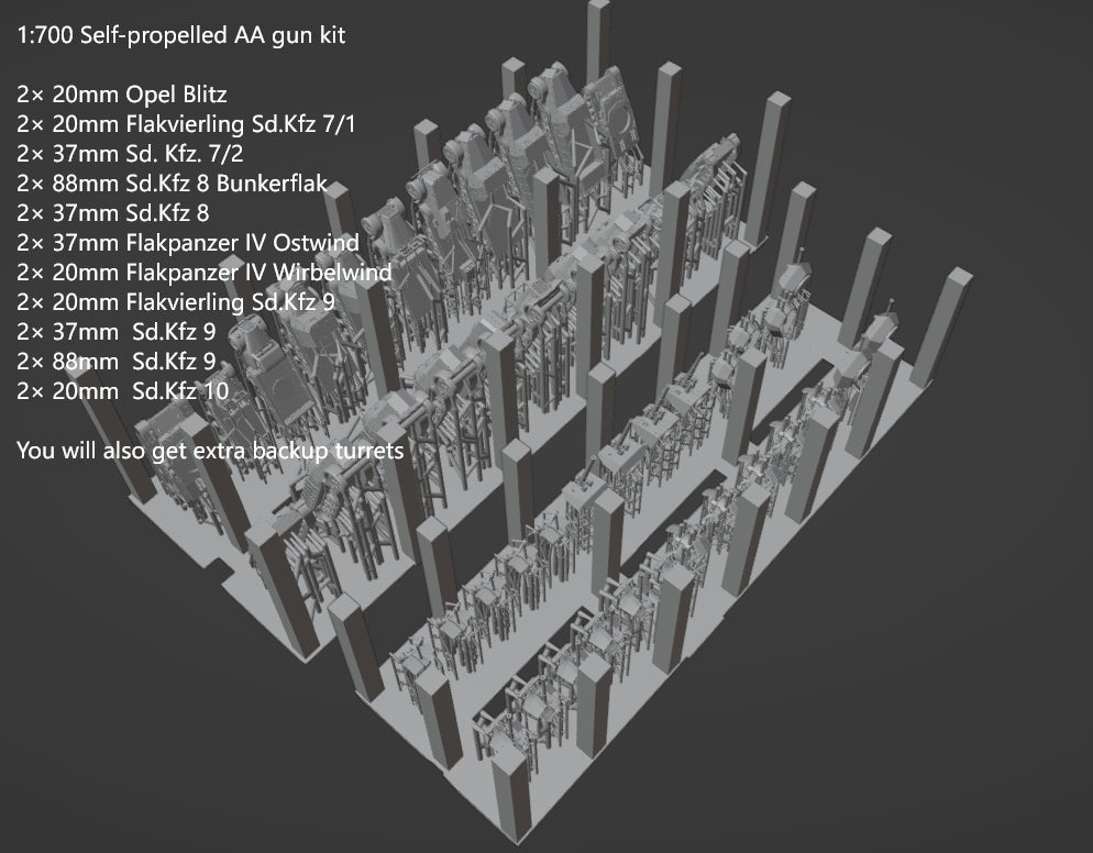 1:700, 1:350 German artillery, Anti-aircraft gun kit, Self-propelled howitzer, aa guns, anti-tank gun, Hummel, Wespe, ammo car, sfh 18, leFH 18, Pak40, Pak43, Flak 18