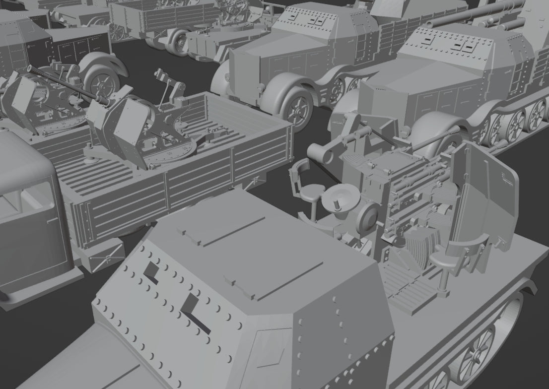 1:700, 1:350 German artillery, Anti-aircraft gun kit, Self-propelled howitzer, aa guns, anti-tank gun, Hummel, Wespe, ammo car, sfh 18, leFH 18, Pak40, Pak43, Flak 18