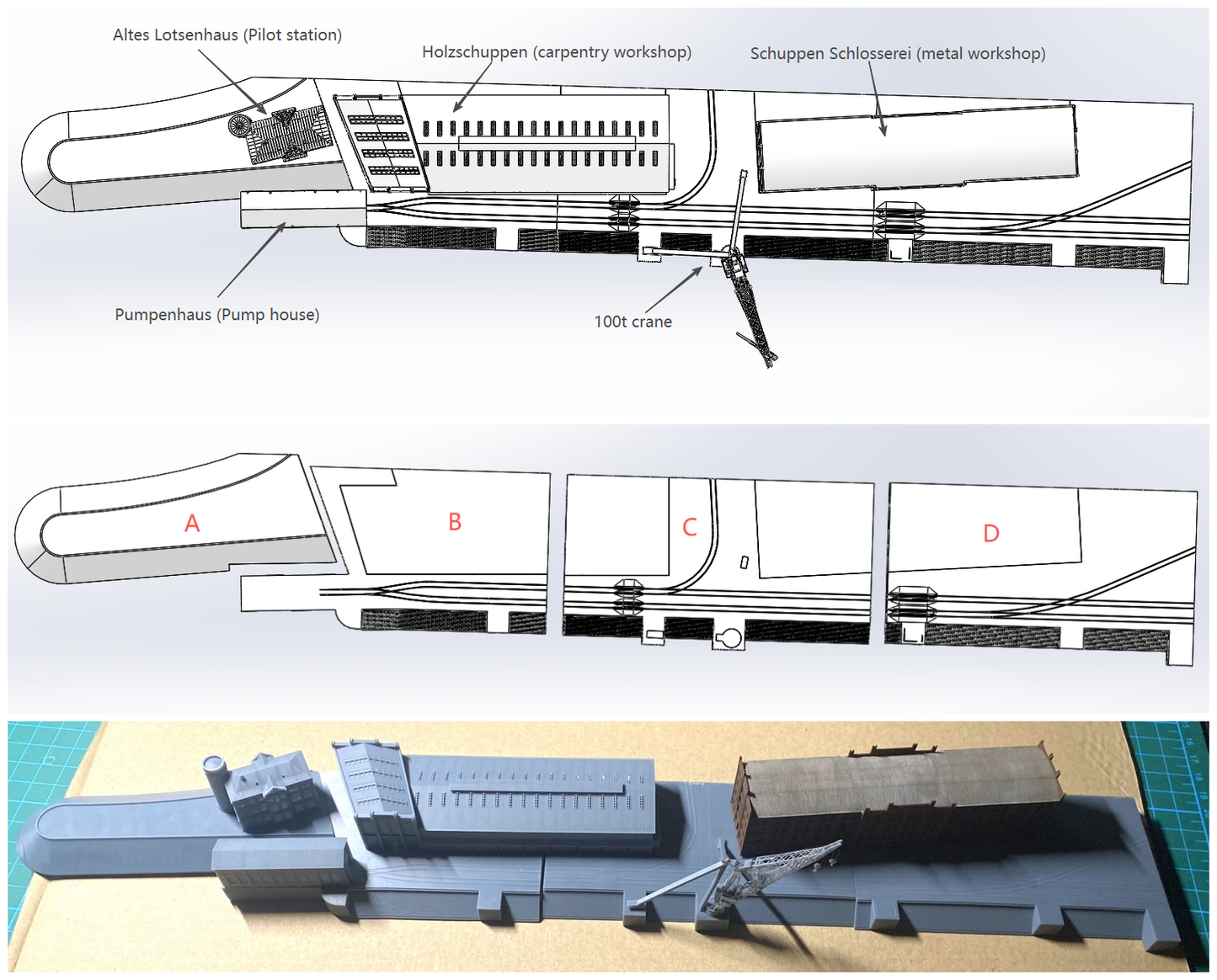 1:700 Hamburg Port and Shipyard, Hamburger Hafen und Werft. BV 250 t crane, warehouse, Blohm Voss