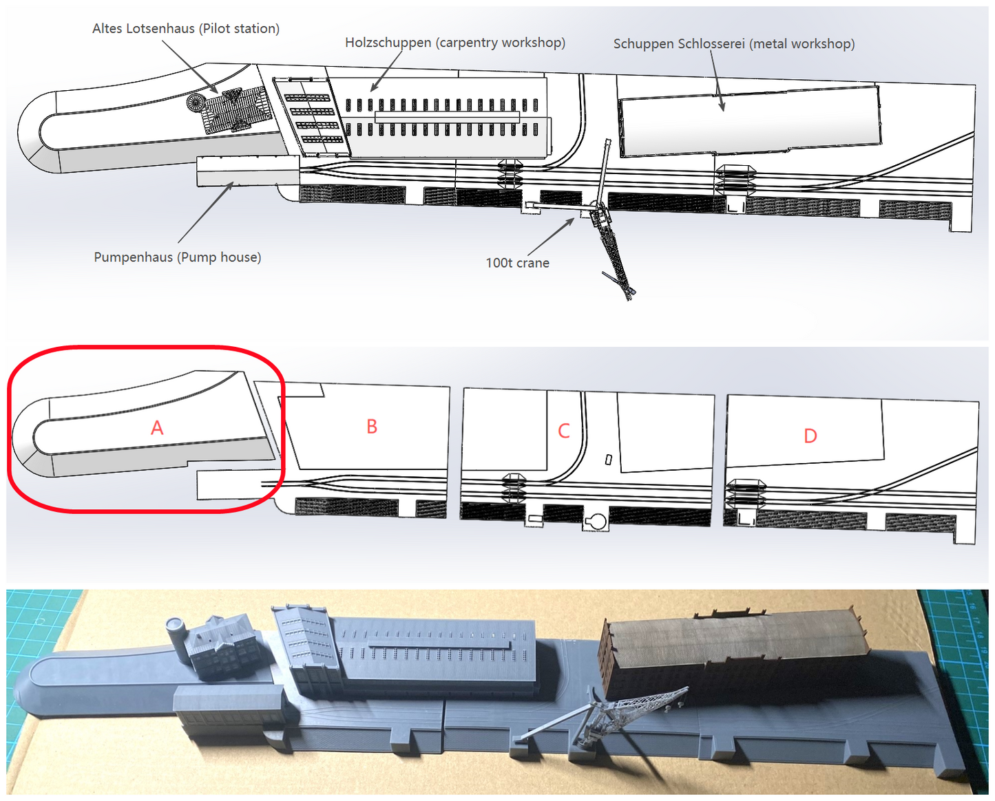 1:700 Hamburg Port and Shipyard, Hamburger Hafen und Werft. BV 250 t crane, warehouse, Blohm Voss