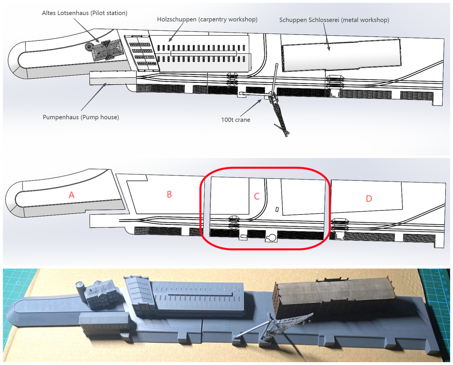 1:700 Hamburg Port and Shipyard, Hamburger Hafen und Werft. BV 250 t crane, warehouse, Blohm Voss
