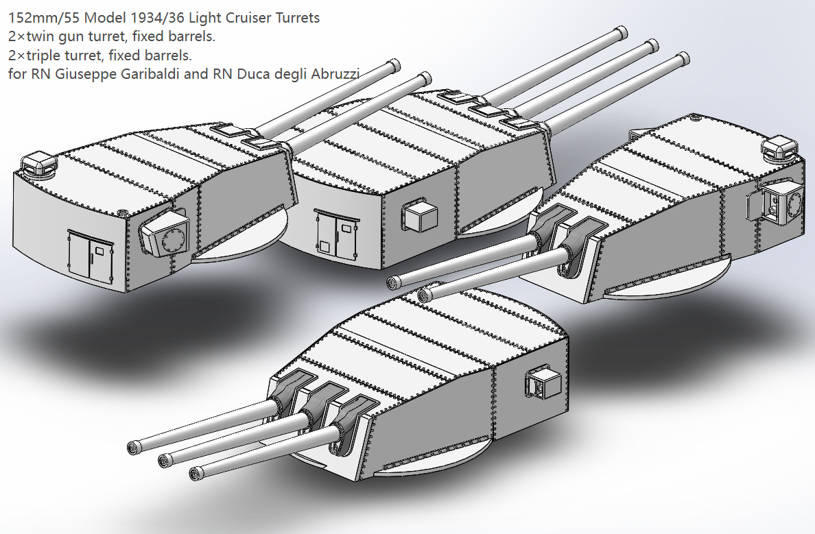 Italian navy main gun turrets, 305mm, 380mm, 320mm, 152mm, Littorio, Roma, Conte di Cavour, Dante Alighieri 3D printed kits