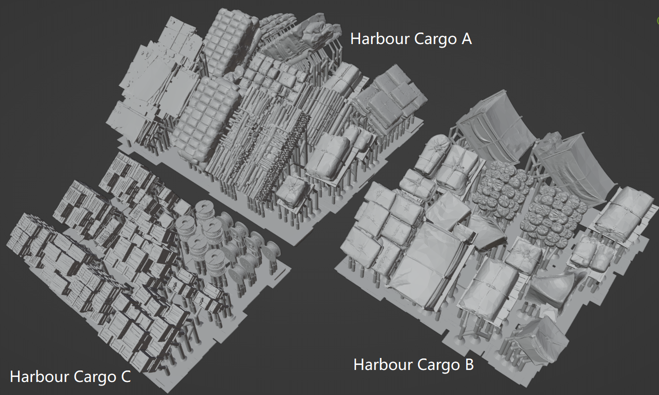 1:700 harbour cargo, cases, boxes, ammo box, ship building material, container, oil drum, wood piles, chest