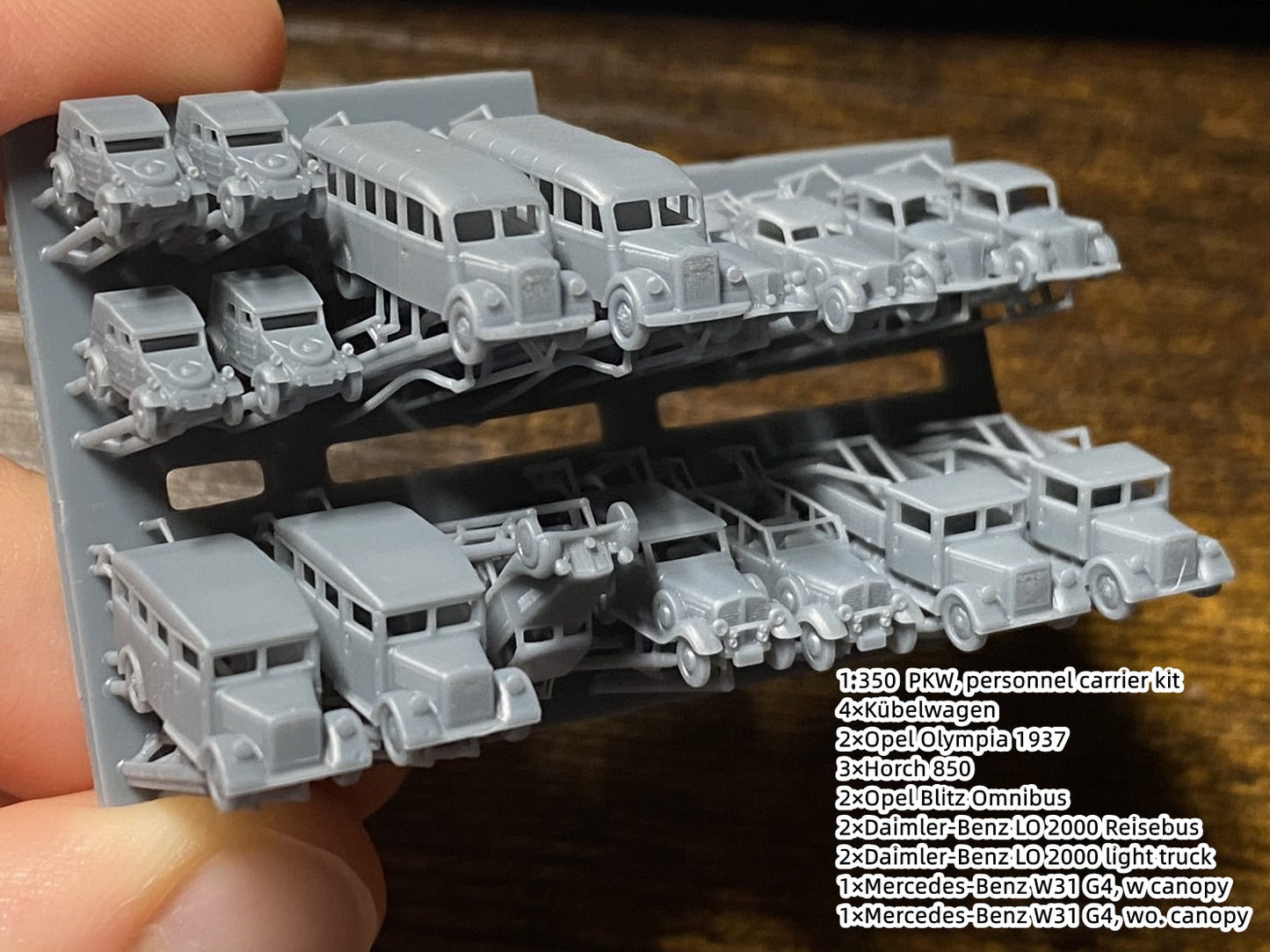 1:700, 1:350, 1:144 German truck, personnel carrier, bus, classic cars, Opel Blitz, Omnibus, Kübelwagen, LO 2000, AHN, Mercedes-Benz W31, Henschel 33 D1, Opel Olympia, L3H163, Horch 850