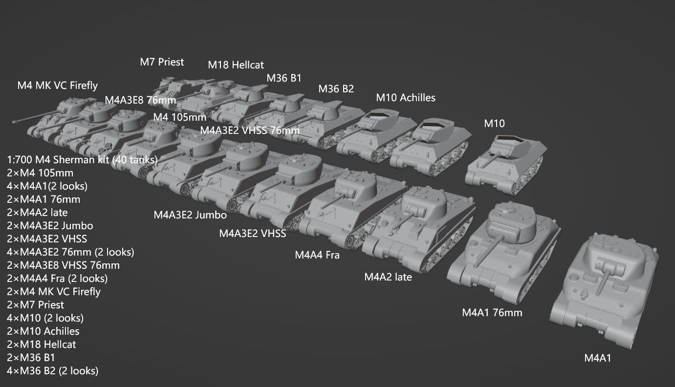 1:700, 1:350 allied vehicles, US tanks, UK tanks, US trucks, M4, sherman tank, Comet tank, Matilda tank, Crusader tank, Valentine tank, CCKW 353 truck, M10, M7, M36, M3, firefly tank, Cromwell, Churchill, 3D printed kit