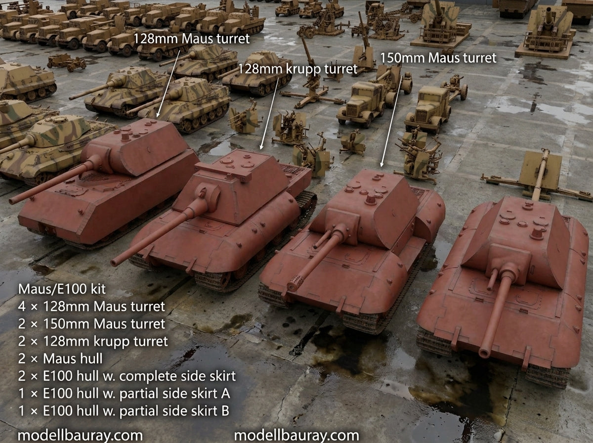 1:700, 1:350 German super heavy tanks set, P1000 Ratte und P1500 landkreuzer, E100, Maus, Karl Gerät, Krupp Räumer S, V2