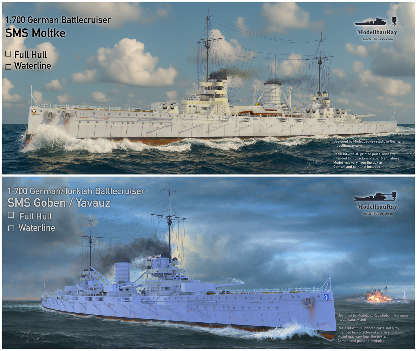 1:700 German Battlecruiser SMS Moltke, SMS Goeben (Yavuz Sultan Selim), 3d printed, resin model, waterline, full hull model