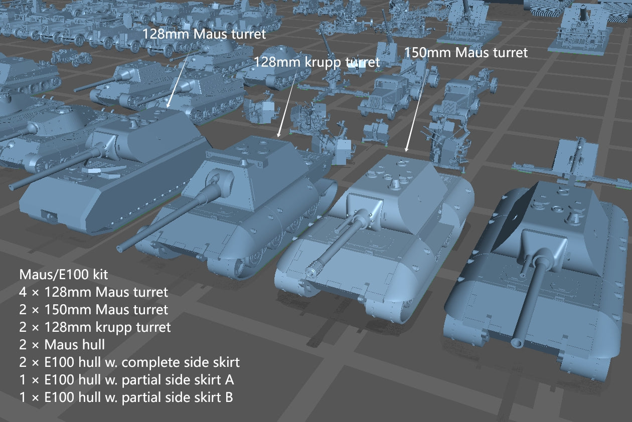 1:700, 1:350 German super heavy tanks set, P1000 Ratte und P1500 landkreuzer, E100, Maus, Karl Gerät, Krupp Räumer S, V2