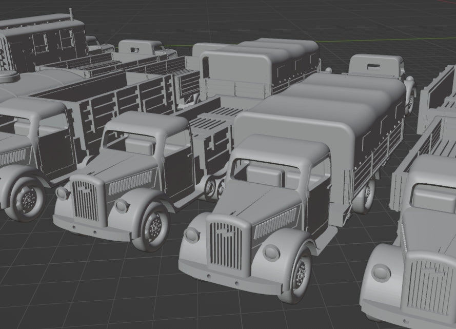 1:700, 1:350, 1:144 German truck, personnel carrier, bus, classic cars, Opel Blitz, Omnibus, Kübelwagen, LO 2000, AHN, Mercedes-Benz W31, Henschel 33 D1, Opel Olympia, L3H163, Horch 850