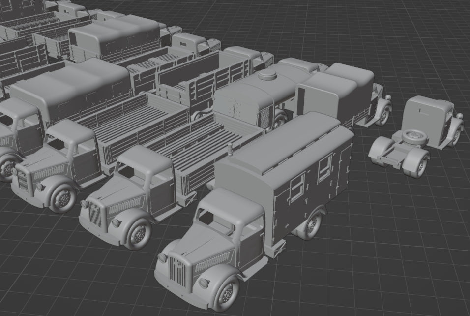 1:700, 1:350, 1:144 German truck, personnel carrier, bus, classic cars, Opel Blitz, Omnibus, Kübelwagen, LO 2000, AHN, Mercedes-Benz W31, Henschel 33 D1, Opel Olympia, L3H163, Horch 850