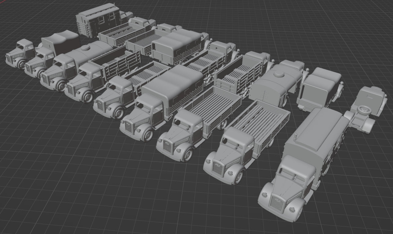 1:700, 1:350, 1:144 German truck, personnel carrier, bus, classic cars, Opel Blitz, Omnibus, Kübelwagen, LO 2000, AHN, Mercedes-Benz W31, Henschel 33 D1, Opel Olympia, L3H163, Horch 850