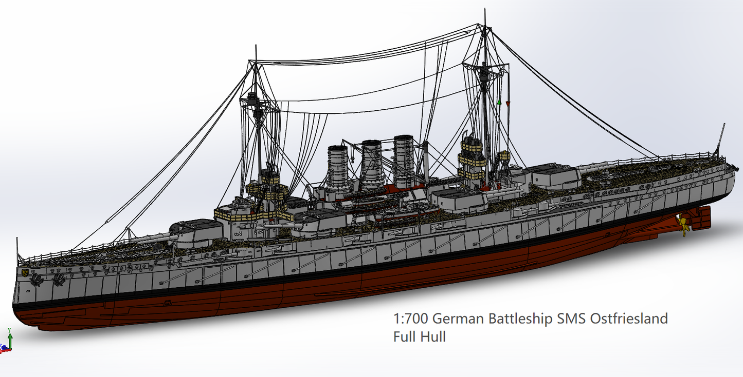 1:700 German Battleship SMS Ostfriesland, Helgoland class, 3d printed, resin model, waterline, full hull model