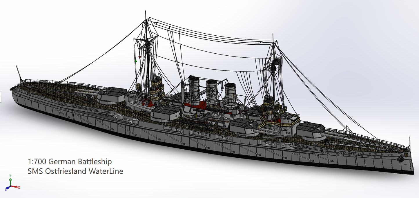 1:700 German Battleship SMS Ostfriesland, Helgoland class, 3d printed, resin model, waterline, full hull model