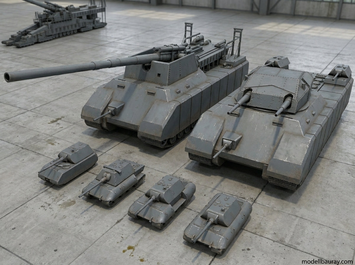 1:700, 1:350 German super heavy tanks set, P1000 Ratte und P1500 landkreuzer, E100, Maus, Karl Gerät, Krupp Räumer S, V2