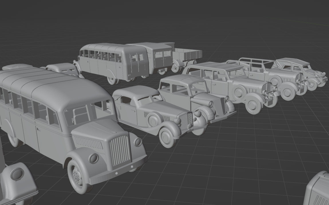 1:700, 1:350, 1:144 German truck, personnel carrier, bus, classic cars, Opel Blitz, Omnibus, Kübelwagen, LO 2000, AHN, Mercedes-Benz W31, Henschel 33 D1, Opel Olympia, L3H163, Horch 850