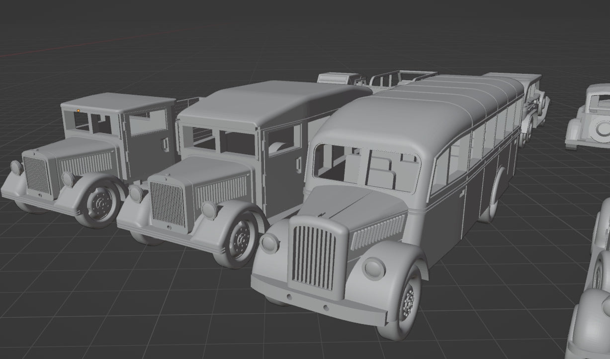 1:700, 1:350, 1:144 German truck, personnel carrier, bus, classic cars, Opel Blitz, Omnibus, Kübelwagen, LO 2000, AHN, Mercedes-Benz W31, Henschel 33 D1, Opel Olympia, L3H163, Horch 850