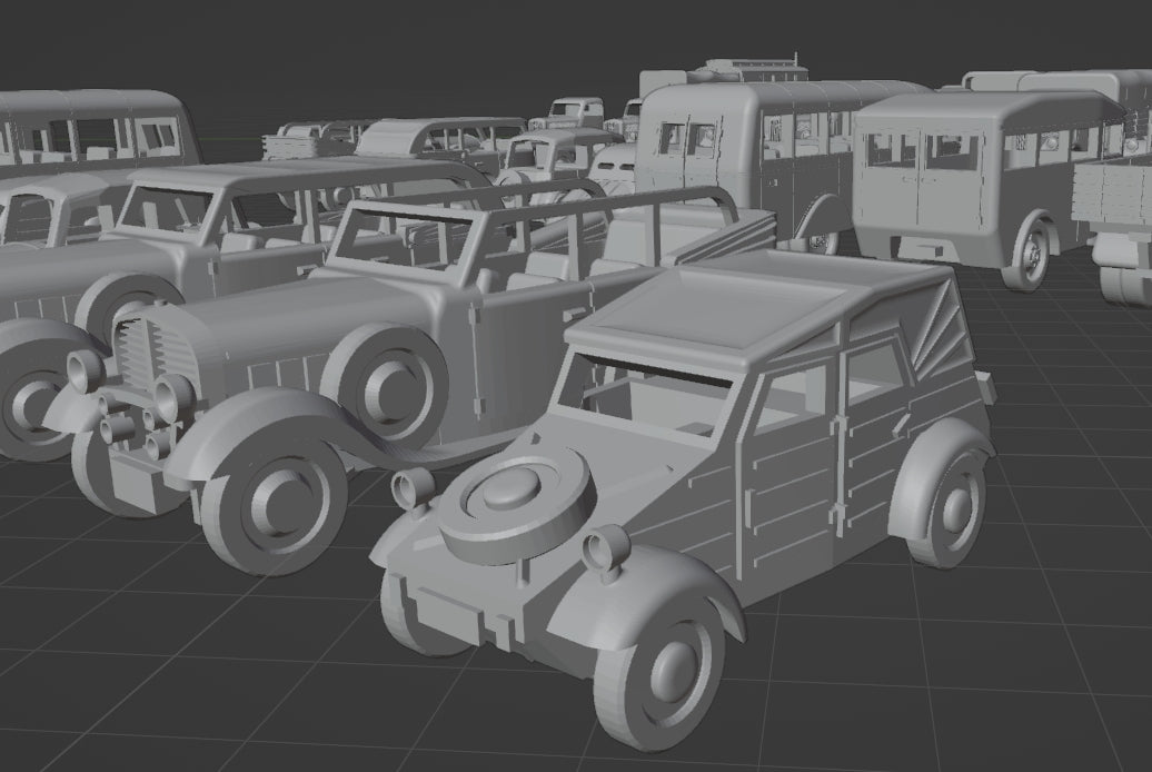 1:700, 1:350, 1:144 German truck, personnel carrier, bus, classic cars, Opel Blitz, Omnibus, Kübelwagen, LO 2000, AHN, Mercedes-Benz W31, Henschel 33 D1, Opel Olympia, L3H163, Horch 850