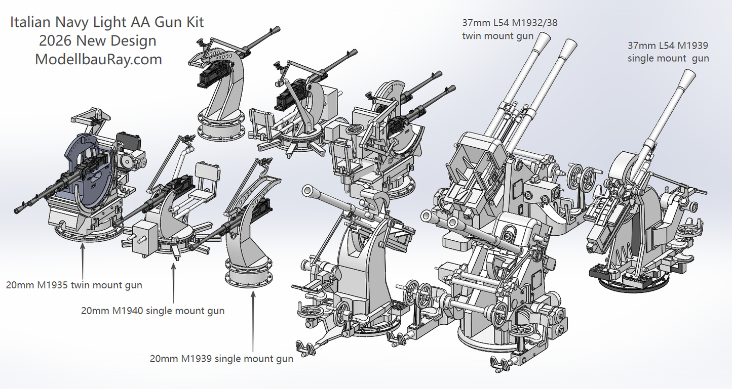 Italian navy light AA guns, 20mm, 37mm, Breda AA guns, 20mm L65, 37mm L54, 3D printed kits Regia Marina