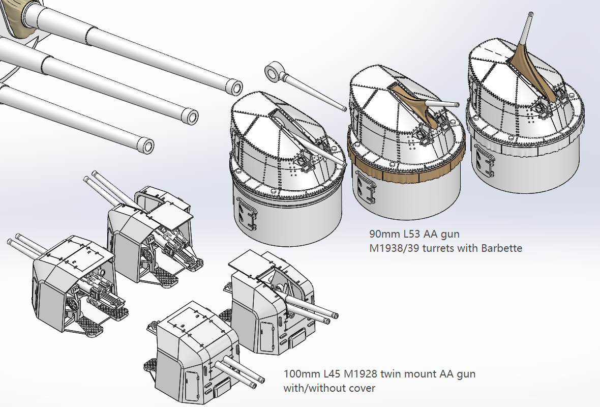 Italian navy heavy AA guns, 76mm, 90mm, 100mm, 102mm 120mm AA guns, 127mm, 128mm AA guns, 3D printed kits
