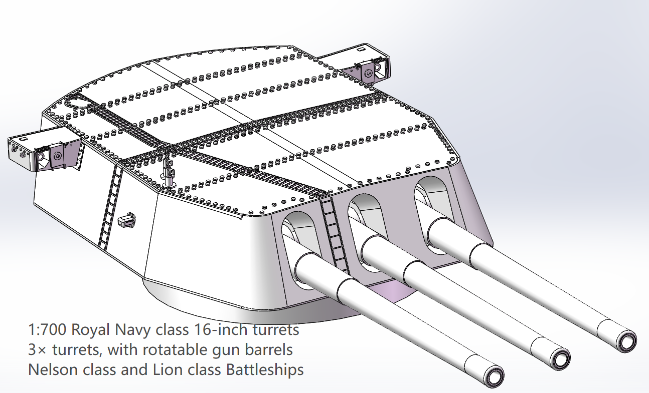 1:700 1:350 Royal navy main guns, 12 inch, 13.5 inch, 15 inch, 16 inch, 18 inch, Dreadnought, Neptune, Colossus class, Orion class, Iron Duke class, HMS Agincourt, Queen Elizabeth class, Revenge class, Nelson class, King Georges V class, Hood, Vanguard