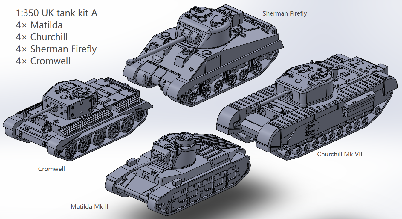 1:700, 1:350 allied vehicles, US tanks, UK tanks, US trucks, M4, sherman tank, Comet tank, Matilda tank, Crusader tank, Valentine tank, CCKW 353 truck, M10, M7, M36, M3, firefly tank, Cromwell, Churchill, 3D printed kit