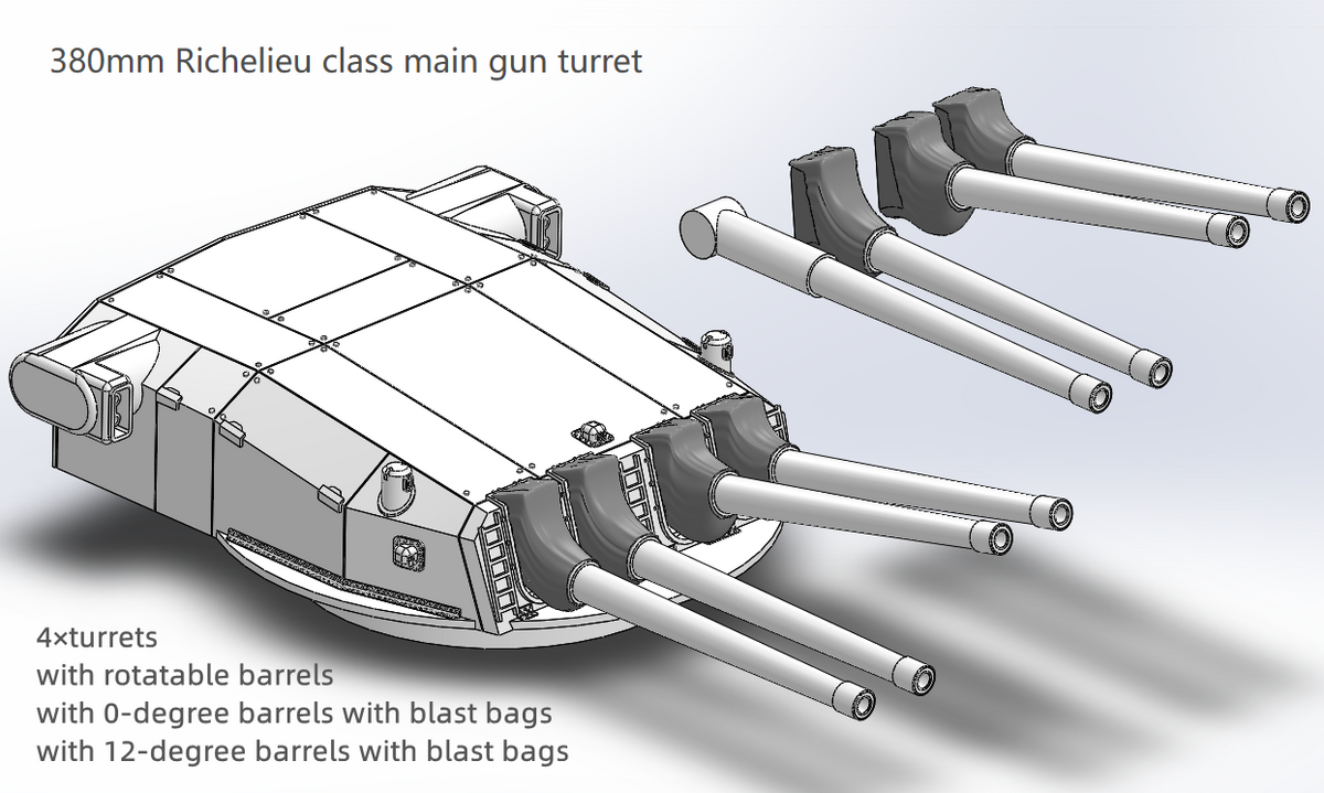 French Navy main gun turrets, 380mm, 340mm 305mm, 330mm, Richelieu, Bretagne, Dunkerque, Courbet class