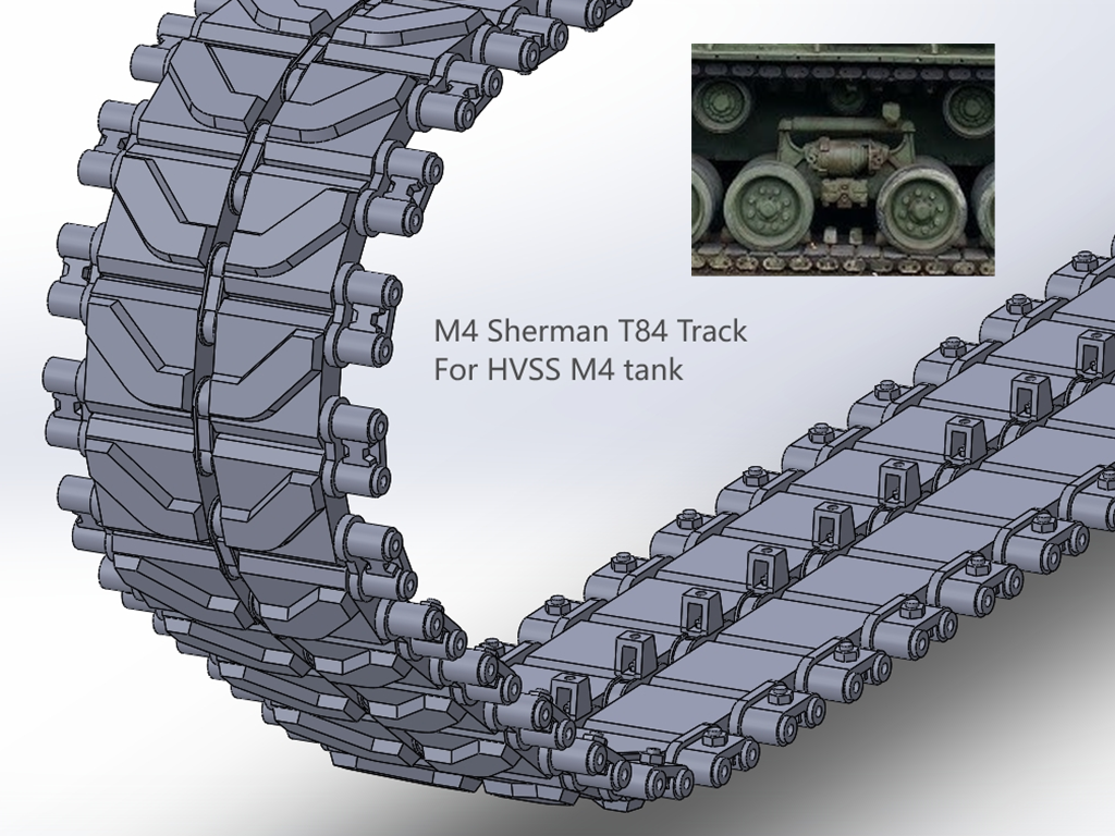 1:35 Pre assembled tracks for M4 Sherman, T48, T80, T62, T84, Duck bill, 1:35 Einsatzbereit Ketten, half-finished tracks, 3D printed