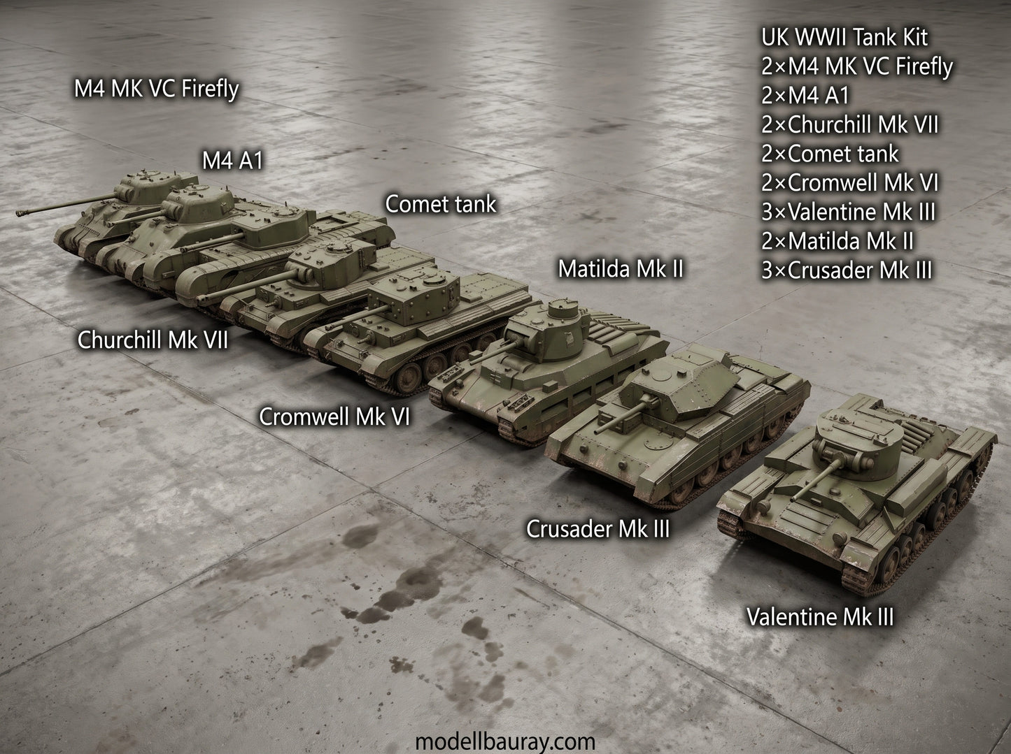 1:700, 1:350 allied vehicles, US tanks, UK tanks, US trucks, M4, sherman tank, Comet tank, Matilda tank, Crusader tank, Valentine tank, CCKW 353 truck, M10, M7, M36, M3, firefly tank, Cromwell, Churchill, 3D printed kit