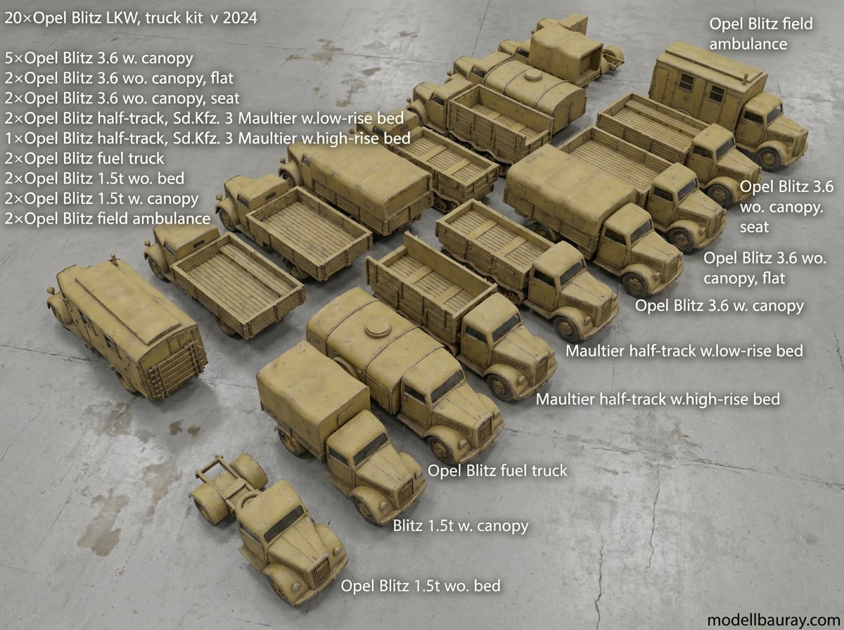1:700, 1:350, 1:144 German truck, personnel carrier, bus, classic cars, Opel Blitz, Omnibus, Kübelwagen, LO 2000, AHN, Mercedes-Benz W31, Henschel 33 D1, Opel Olympia, L3H163, Horch 850