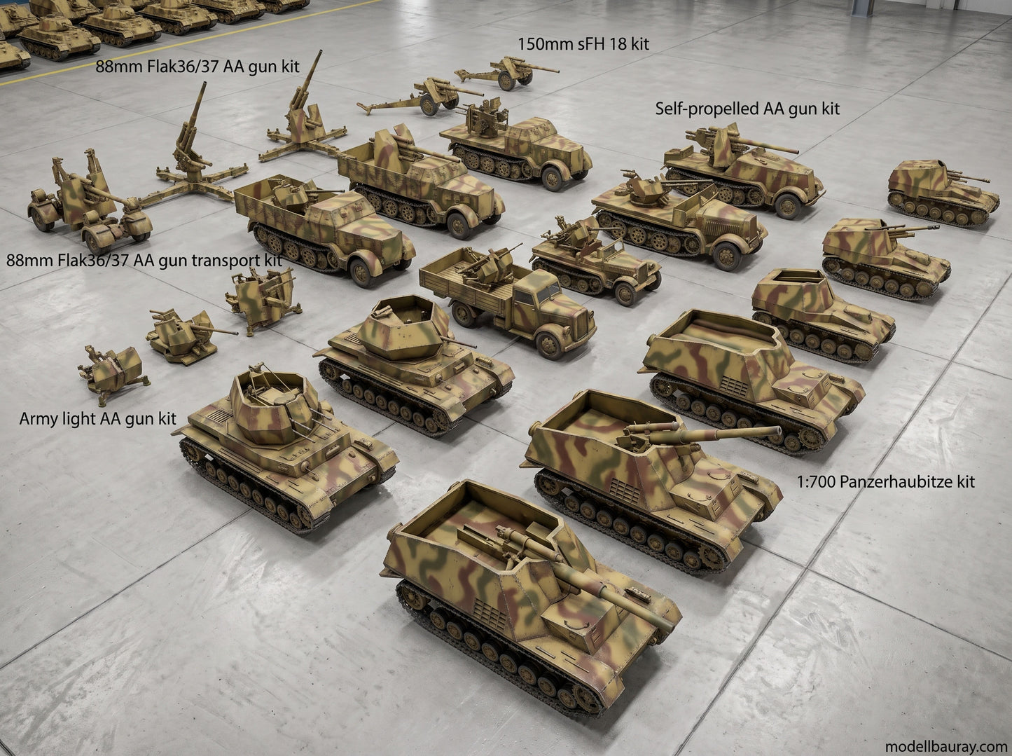 1:700, 1:350 German artillery, Anti-aircraft gun kit, Self-propelled howitzer, aa guns, anti-tank gun, Hummel, Wespe, ammo car, sfh 18, leFH 18, Pak40, Pak43, Flak 18