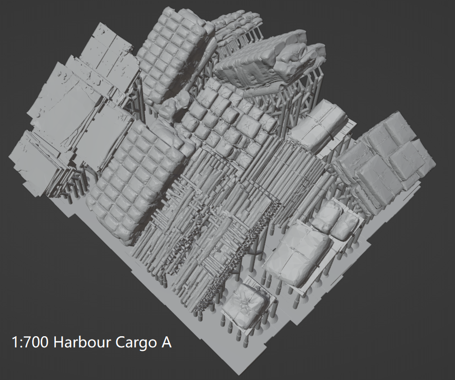 1:700 1:350 1:200 harbour cargo, cases, boxes, ammo box, ship building material, container, oil drum, wood piles, chest