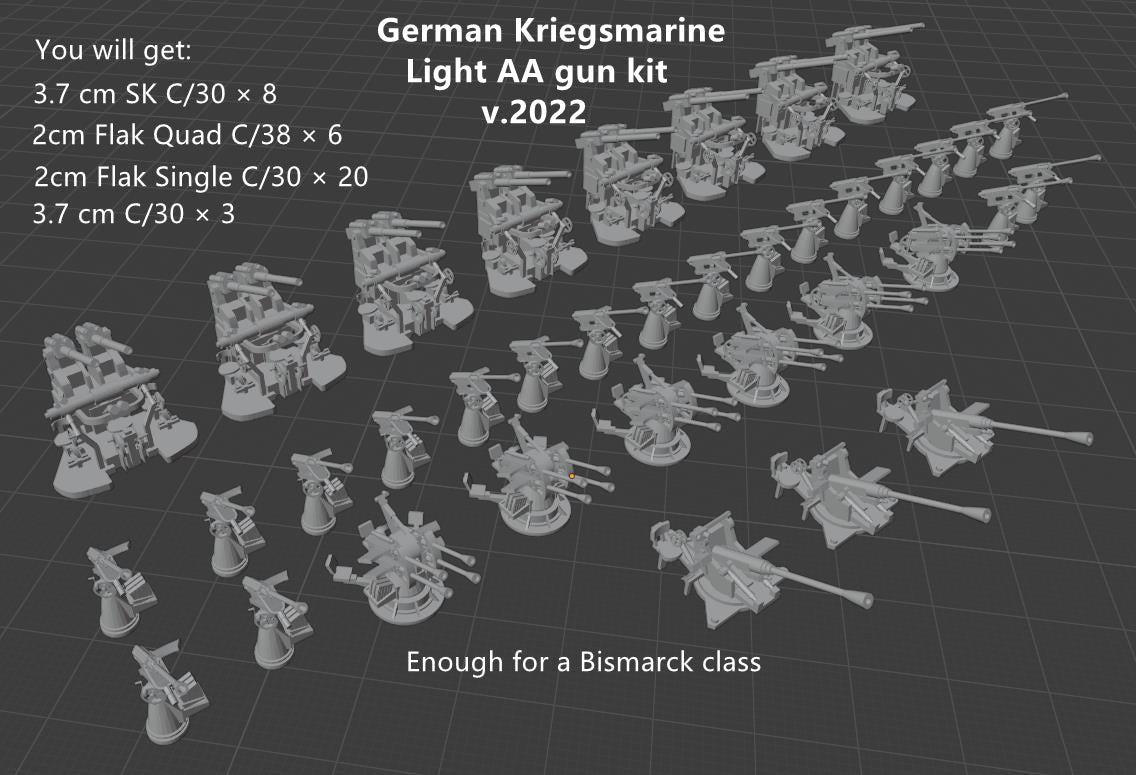 1:700, 1:350, 1:400, 1:250, 1:200 German WII Navy AA gun kit. Deutschen Kriegsmarine Flak, 20mm, 37mm, v.2022