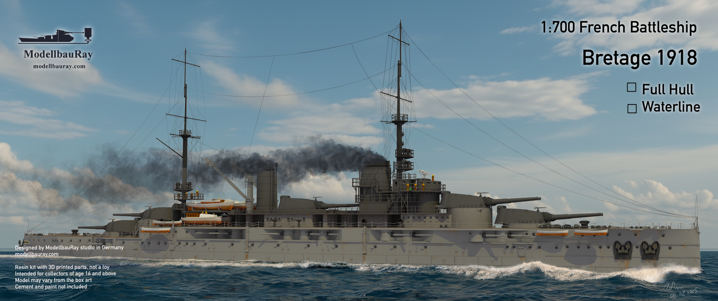 1:700 French Battleship Bretagne, Full Hull, WaterLine, Bretagne class battleship, French Battleship, 3d printed, resin model