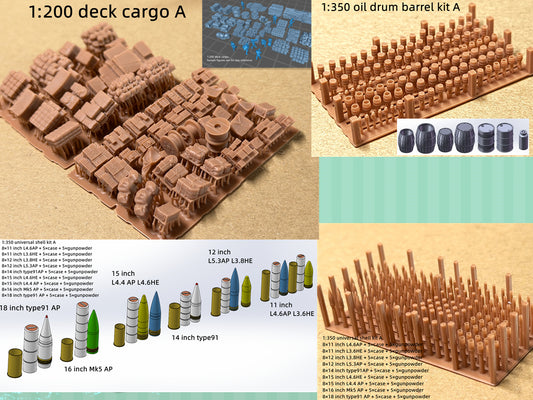 1:350, 1:200 harbour cargo, cases, boxes, ammo box, ship building material, container, oil drum, wood piles, chest