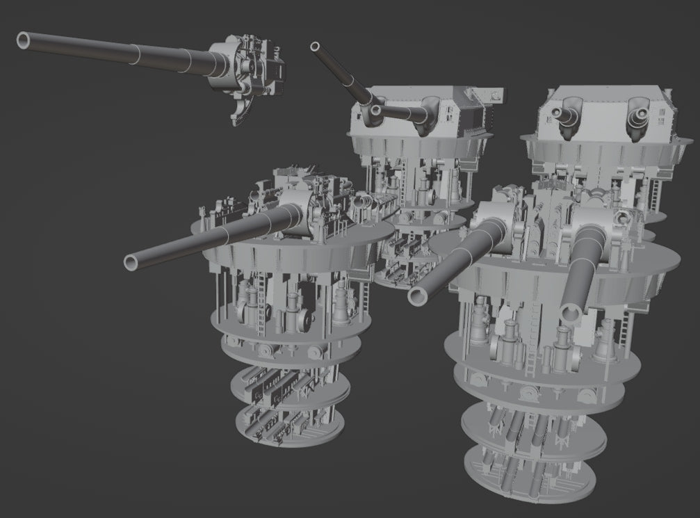 1:700, 1:350, 1:200 German Navy full interior turrets, 2 turrets per kit, 3d printed kit, Bismarck turrets, very detailed