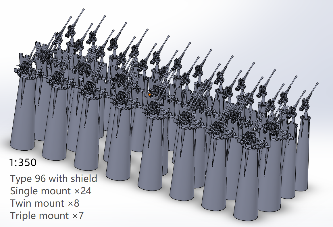 1:700, 1:350, IJN AA light gun set  25mm, v2024, Type 96 AA gun, Typ 96 Flak, with shield, without shield, turret type, Yamato, very detailed, sehr detailiert