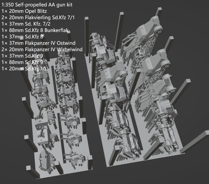 1:700, 1:350 German artillery, Anti-aircraft gun kit, Self-propelled howitzer, aa guns, anti-tank gun, Hummel, Wespe, ammo car,  sfh 18, leFH 18, Pak40, Pak43,  Flak 18