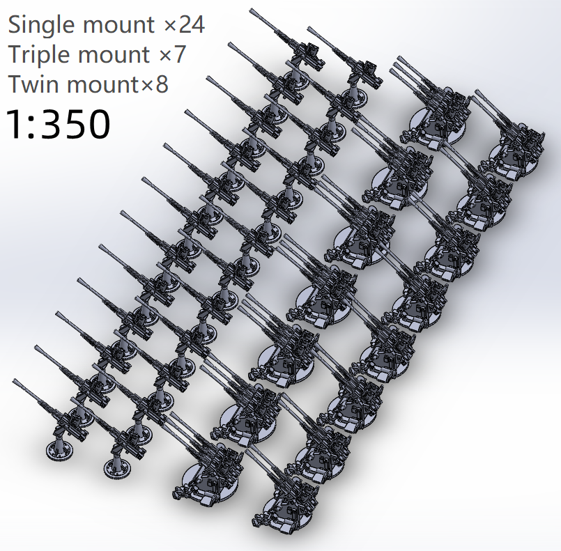 1:700, 1:350, IJN AA light gun set  25mm, v2024, Type 96 AA gun, Typ 96 Flak, with shield, without shield, turret type, Yamato, very detailed, sehr detailiert