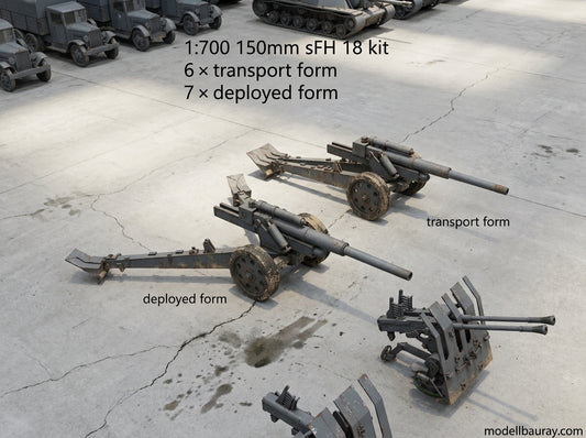 1:700, 1:350 German artillery, Anti-aircraft gun kit, Self-propelled howitzer, aa guns, anti-tank gun, Hummel, Wespe, ammo car,  sfh 18, leFH 18, Pak40, Pak43,  Flak 18